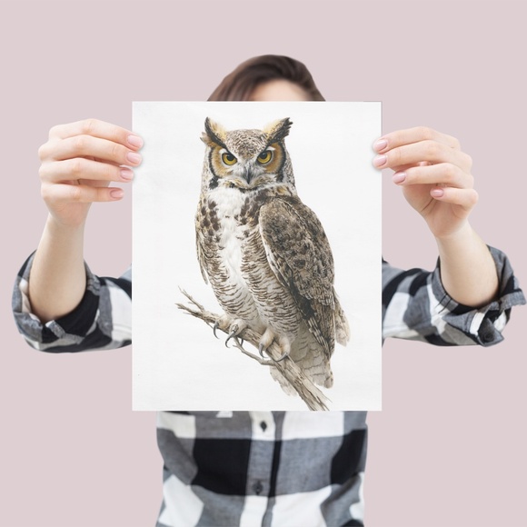 Watercolor Great Horned Owl Portrait Wall Art Print, Unframed - Woodland - Picture 4 of 6